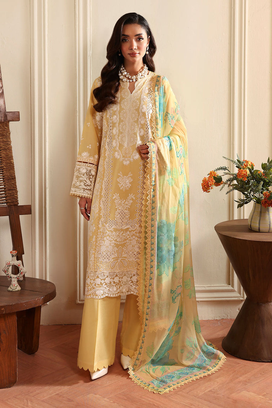 Butter Yellow Embroidered Lawn Suit with Printed Chiffon Dupatta