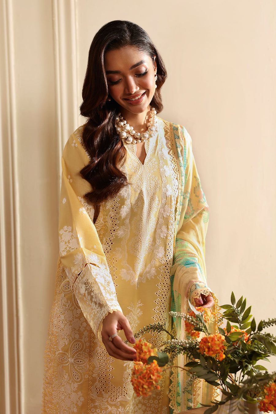 Butter Yellow Embroidered Lawn Suit with Printed Chiffon Dupatta
