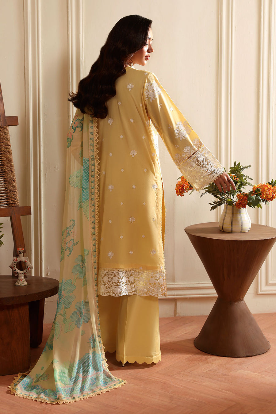 Butter Yellow Embroidered Lawn Suit with Printed Chiffon Dupatta