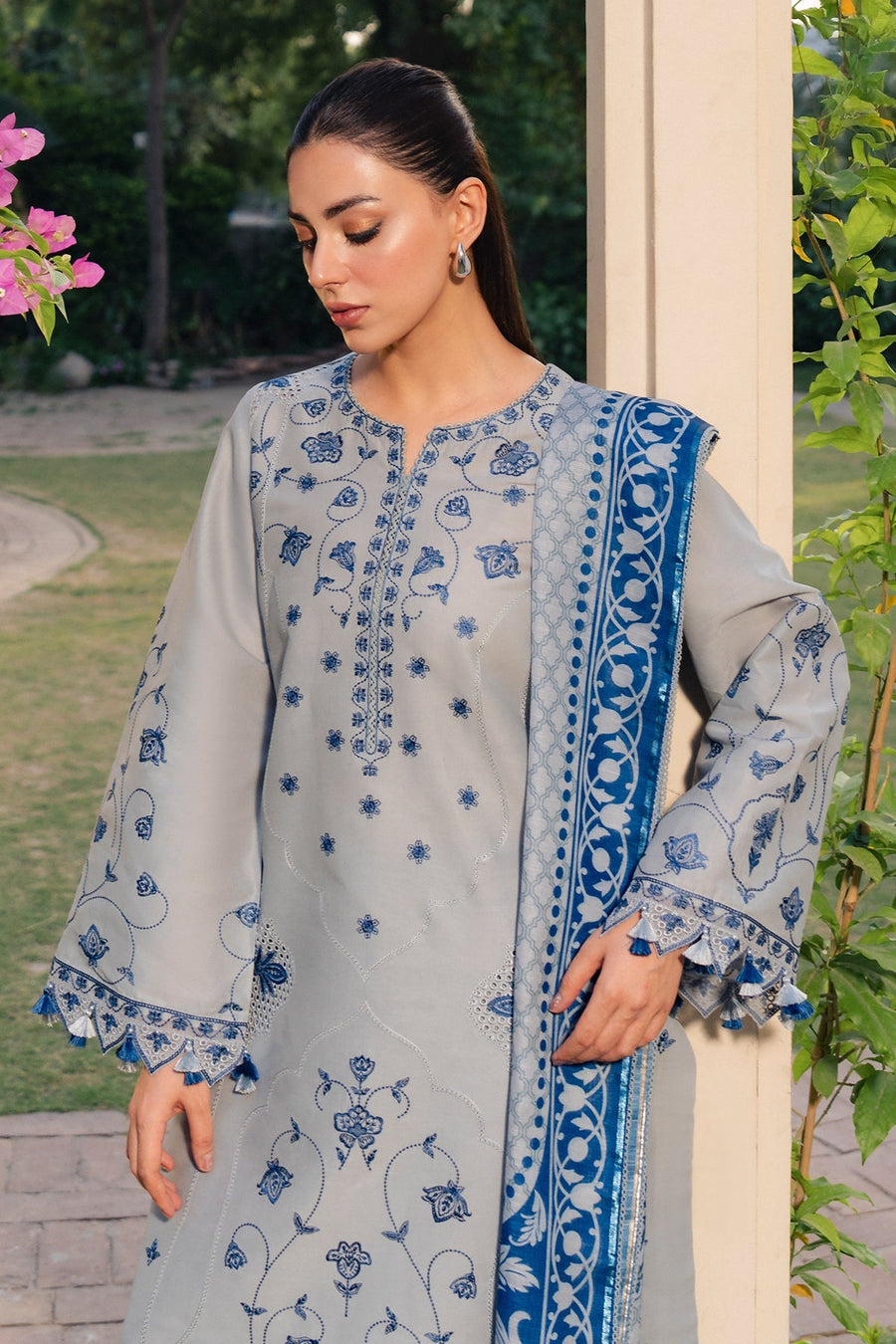 Grey Blue Embroidered Lawn Suit with Cambric Trousers and Printed Cotton Silk Dupatta