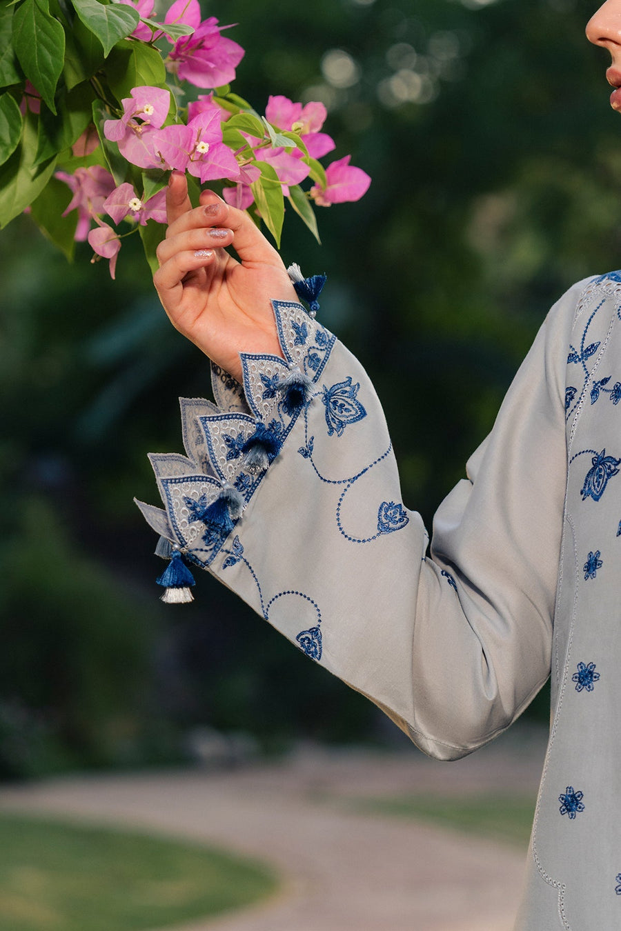 Grey Blue Embroidered Lawn Suit with Cambric Trousers and Printed Cotton Silk Dupatta
