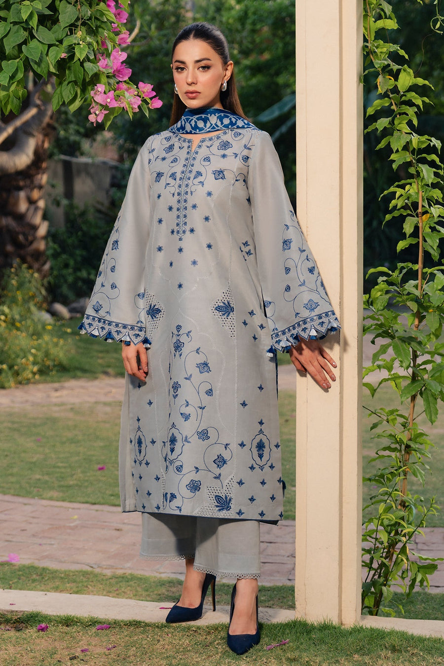Grey Blue Embroidered Lawn Suit with Cambric Trousers and Printed Cotton Silk Dupatta