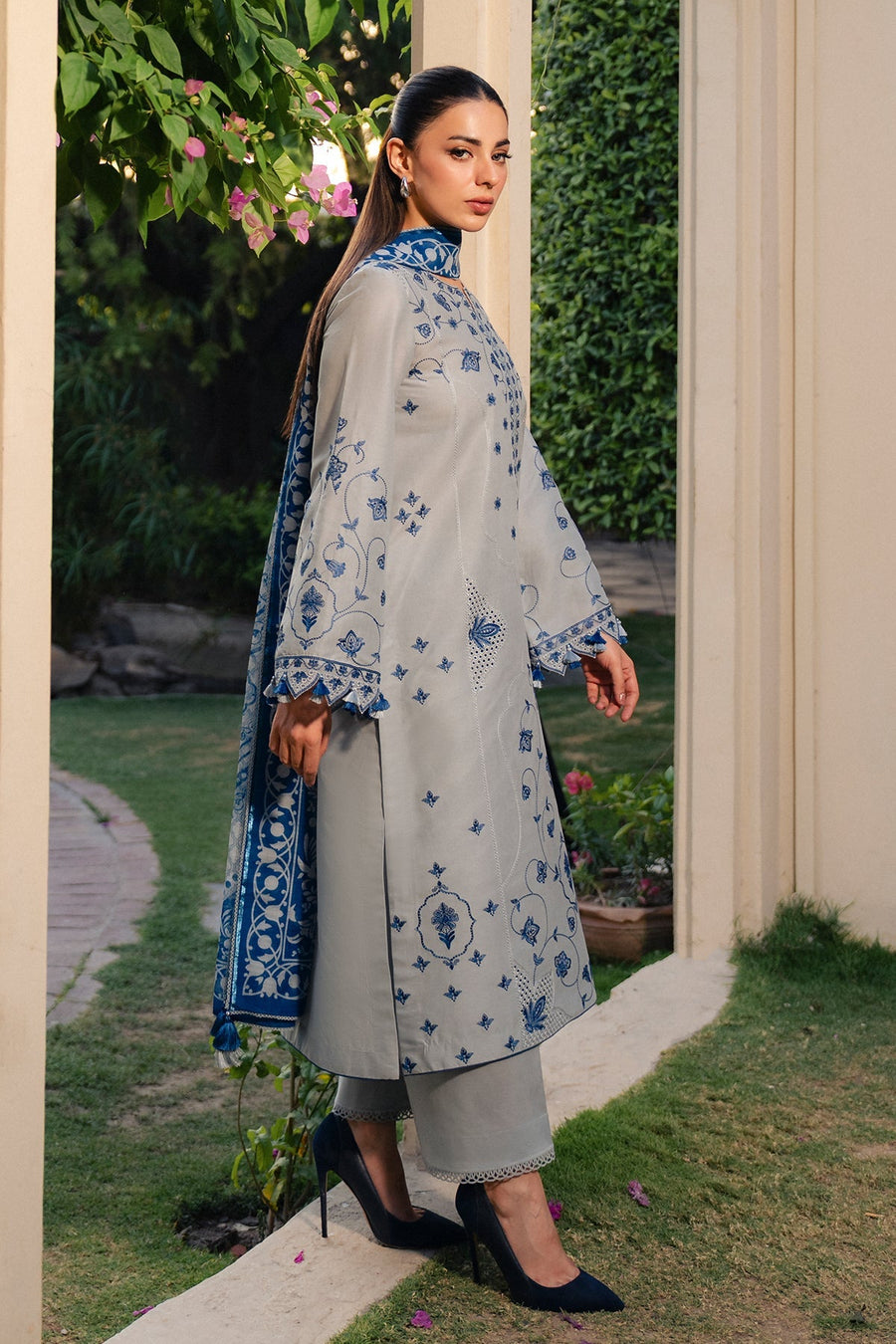 Grey Blue Embroidered Lawn Suit with Cambric Trousers and Printed Cotton Silk Dupatta
