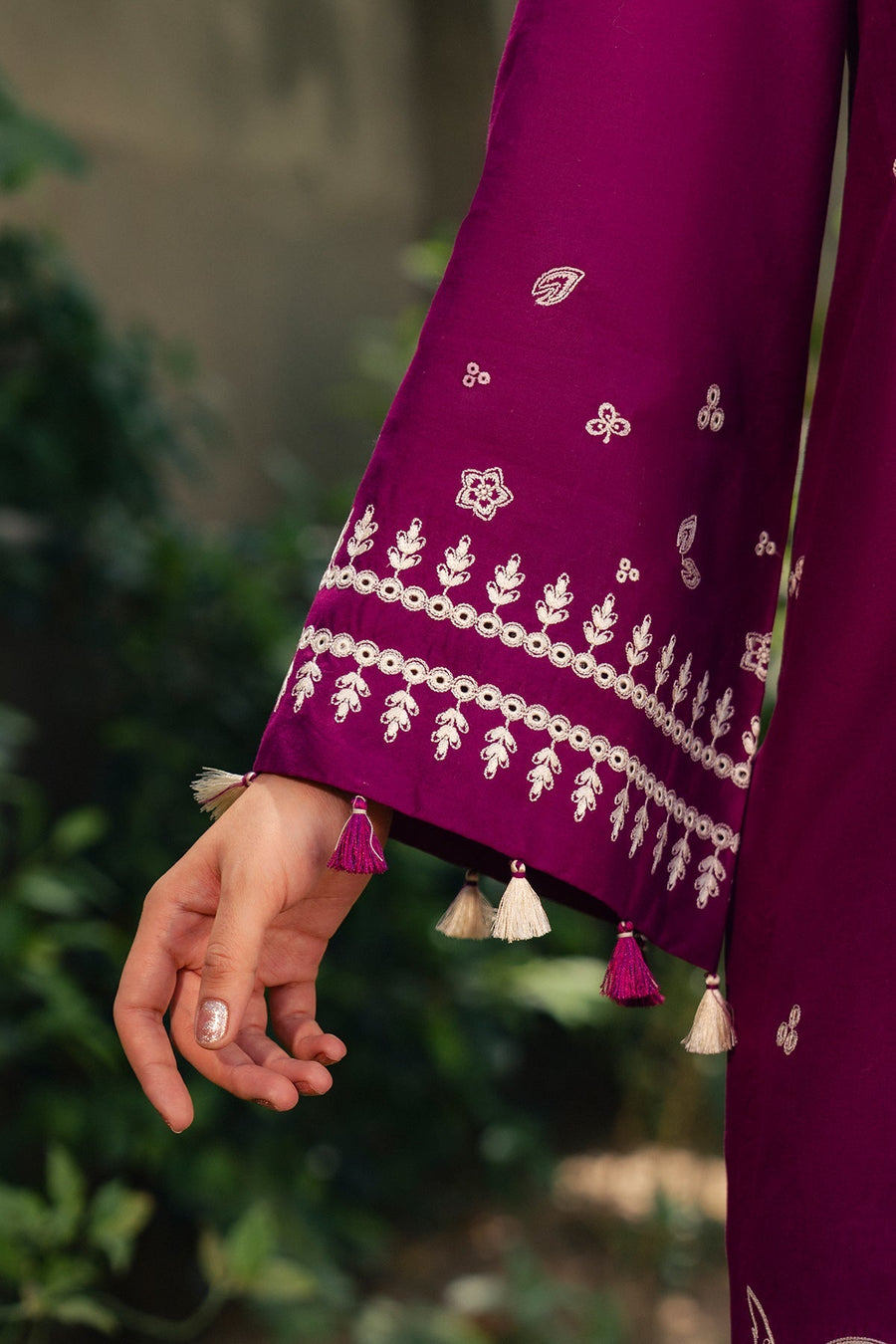 Magenta Embroidered Lawn Suit with Printed Cambric Trousers and Cotton Silk Dupatta