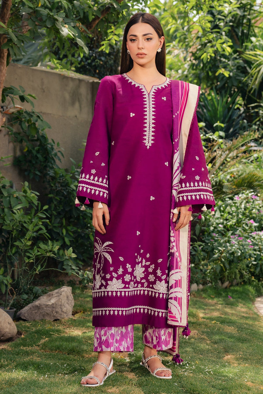Magenta Embroidered Lawn Suit with Printed Cambric Trousers and Cotton Silk Dupatta