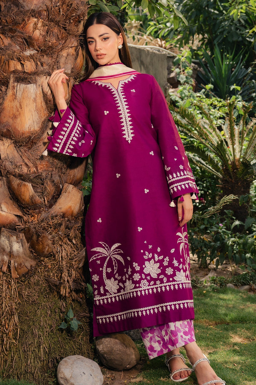 Magenta Embroidered Lawn Suit with Printed Cambric Trousers and Cotton Silk Dupatta