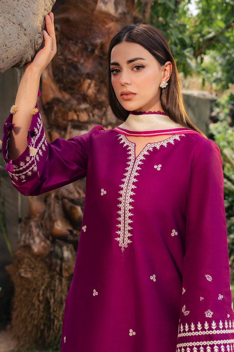 Magenta Embroidered Lawn Suit with Printed Cambric Trousers and Cotton Silk Dupatta