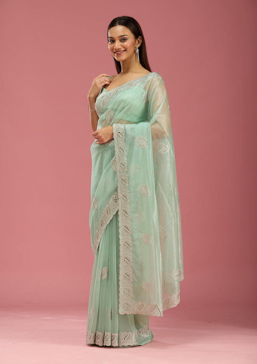Sea Green Organza Saree with Cutwork Embroidery - Pehnaawaa