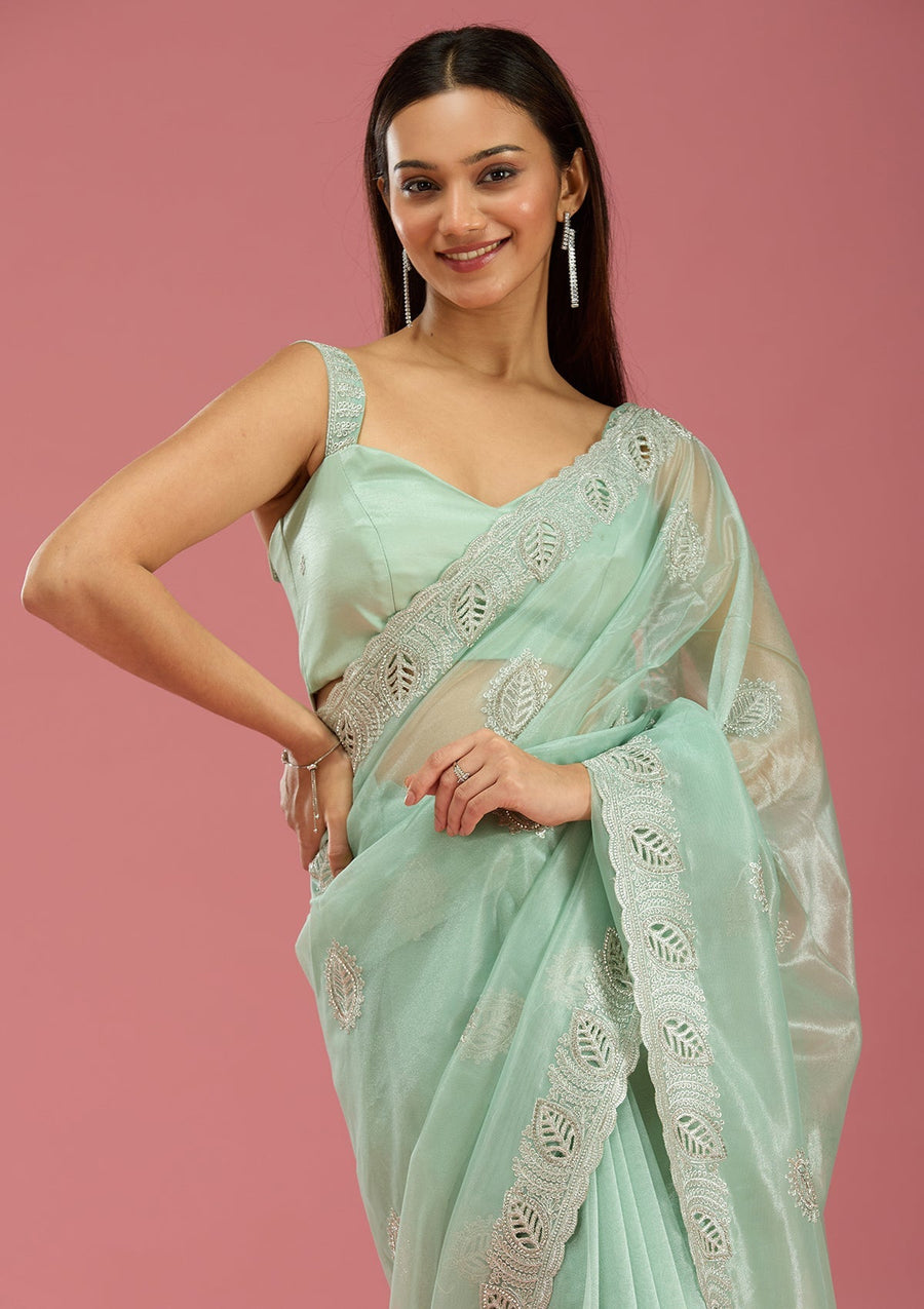 Sea Green Organza Saree with Cutwork Embroidery - Pehnaawaa