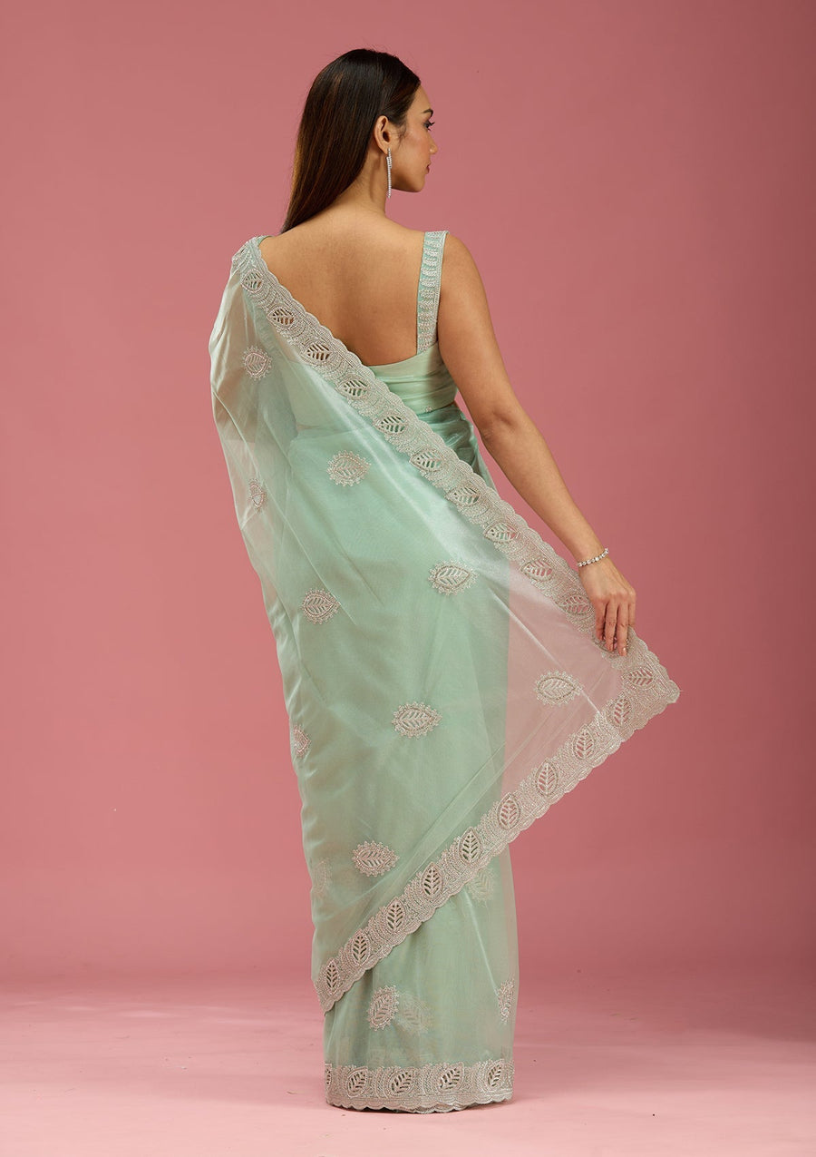 Sea Green Organza Saree with Cutwork Embroidery - Pehnaawaa
