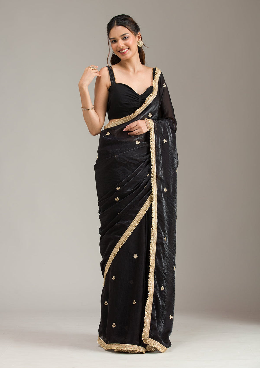 Black Georgette Saree with Gold Stonework Embroidery - Pehnaawaa
