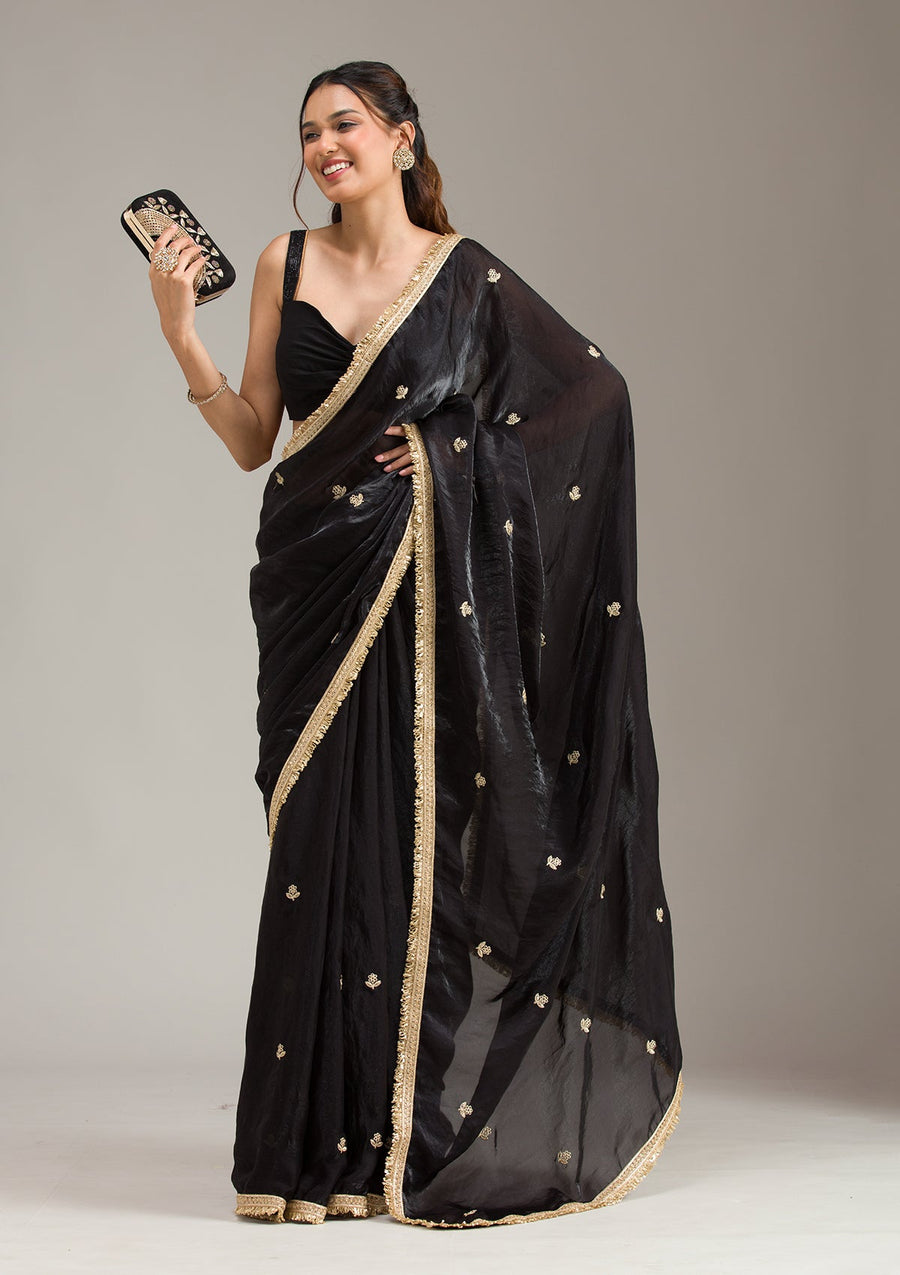Black Georgette Saree with Gold Stonework Embroidery - Pehnaawaa