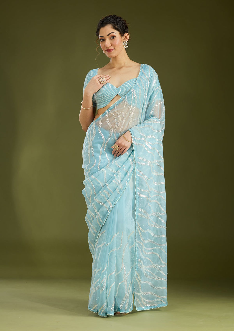 Sky Blue Pearlwork Organza Saree - Pehnaawaa