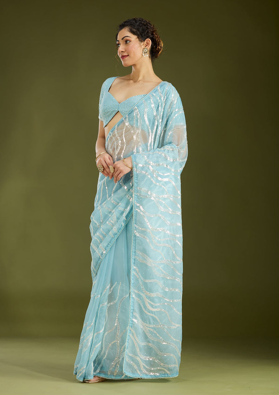 Sky Blue Pearlwork Organza Saree - Pehnaawaa