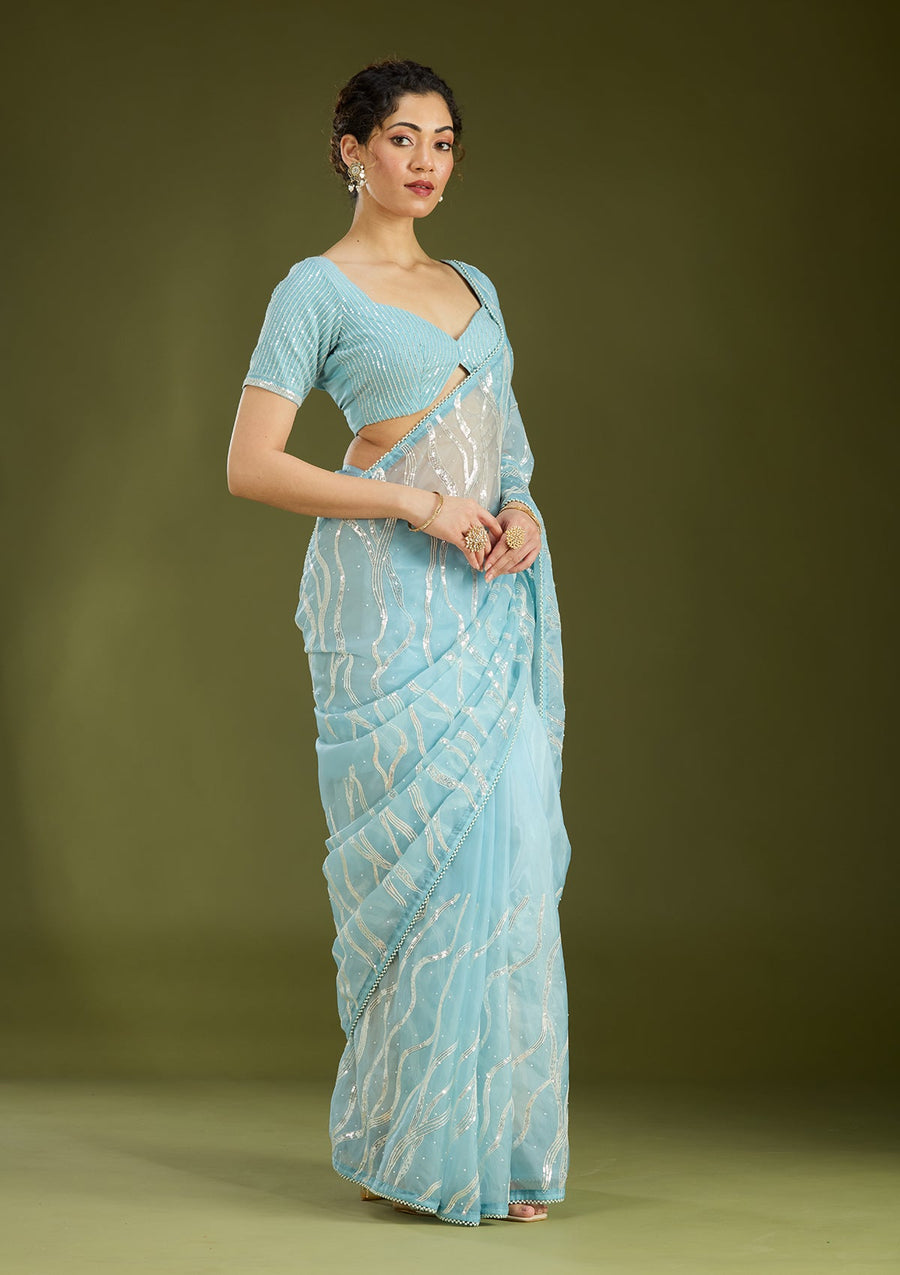 Sky Blue Pearlwork Organza Saree - Pehnaawaa