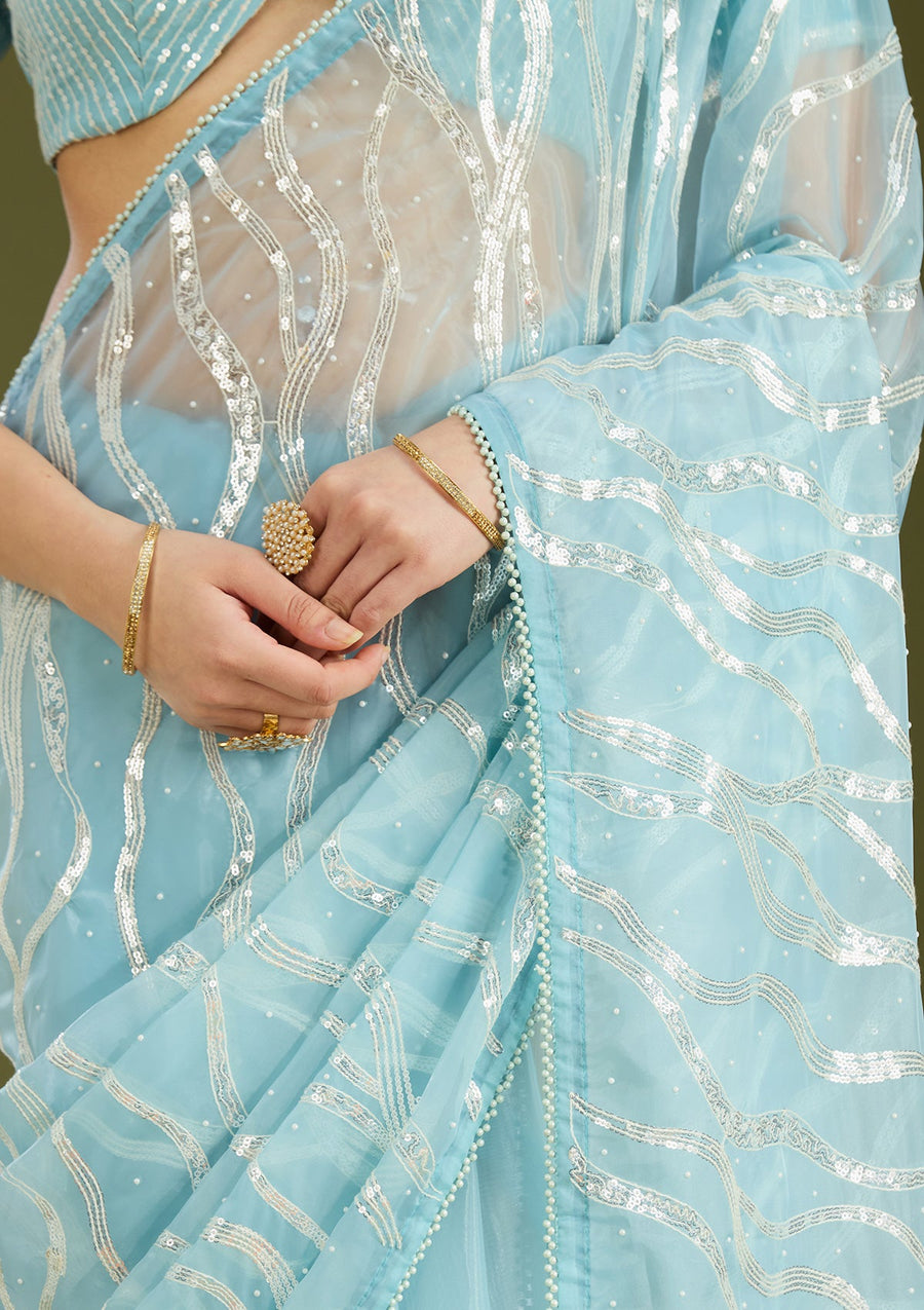 Sky Blue Pearlwork Organza Saree - Pehnaawaa