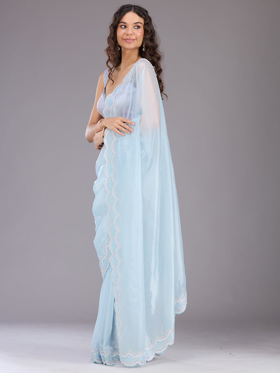 Pastel Blue Net Saree with Sequins Embroidery - Pehnaawaa