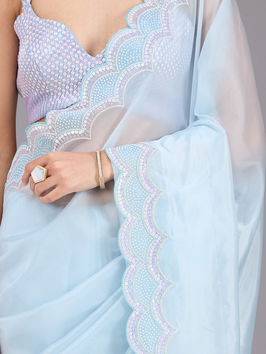 Pastel Blue Net Saree with Sequins Embroidery - Pehnaawaa