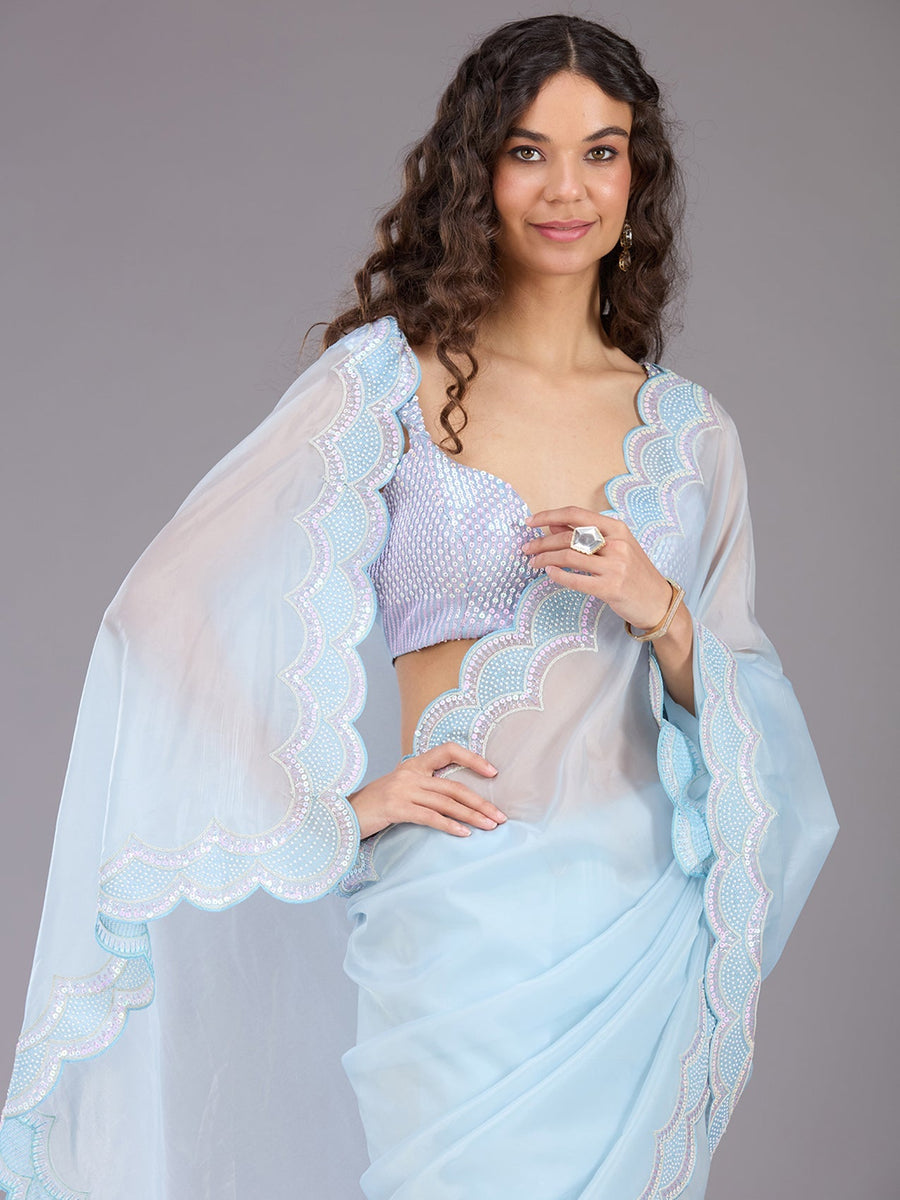 Pastel Blue Net Saree with Sequins Embroidery - Pehnaawaa