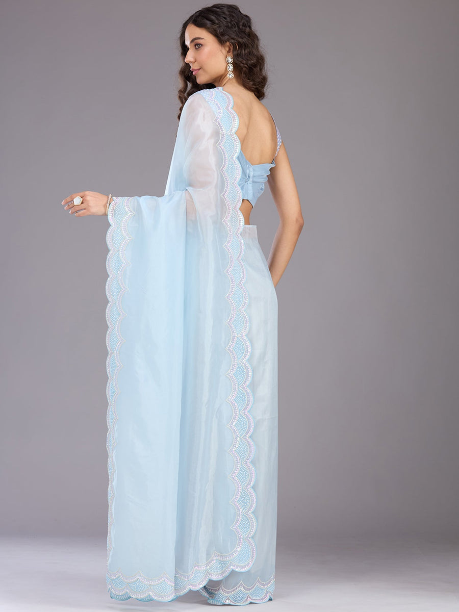 Pastel Blue Net Saree with Sequins Embroidery - Pehnaawaa