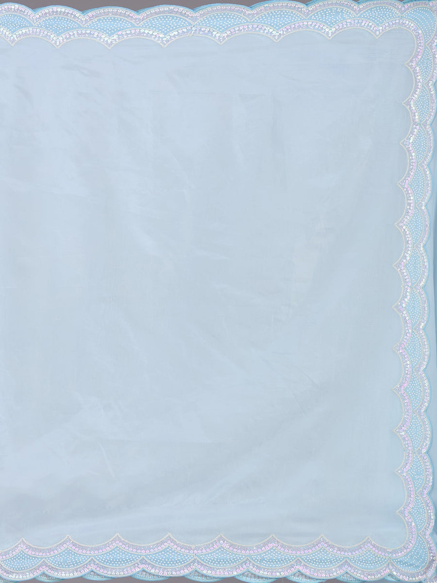 Pastel Blue Net Saree with Sequins Embroidery - Pehnaawaa