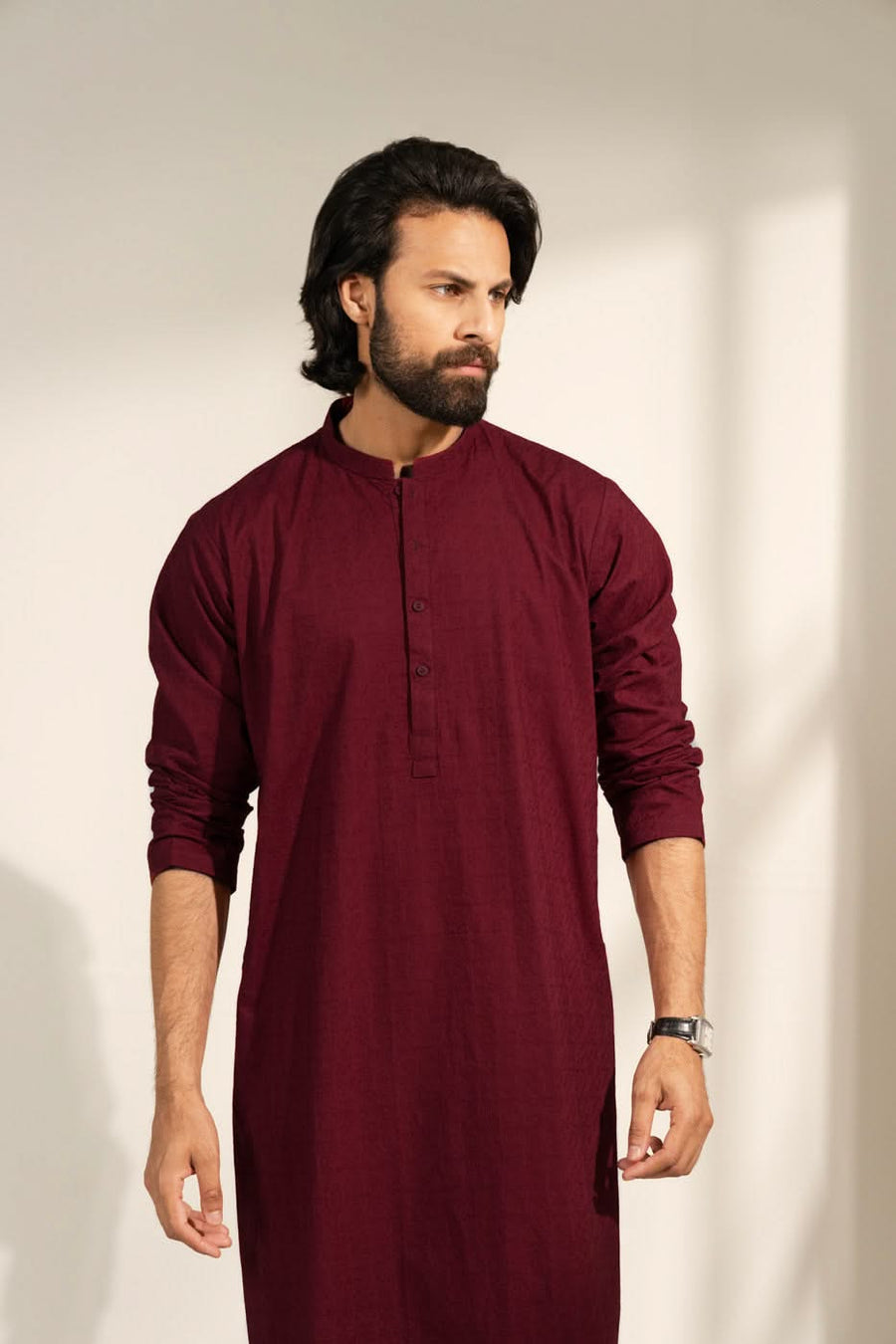 Burgundy Cotton Kurta 2-Piece | Slim Band Collar