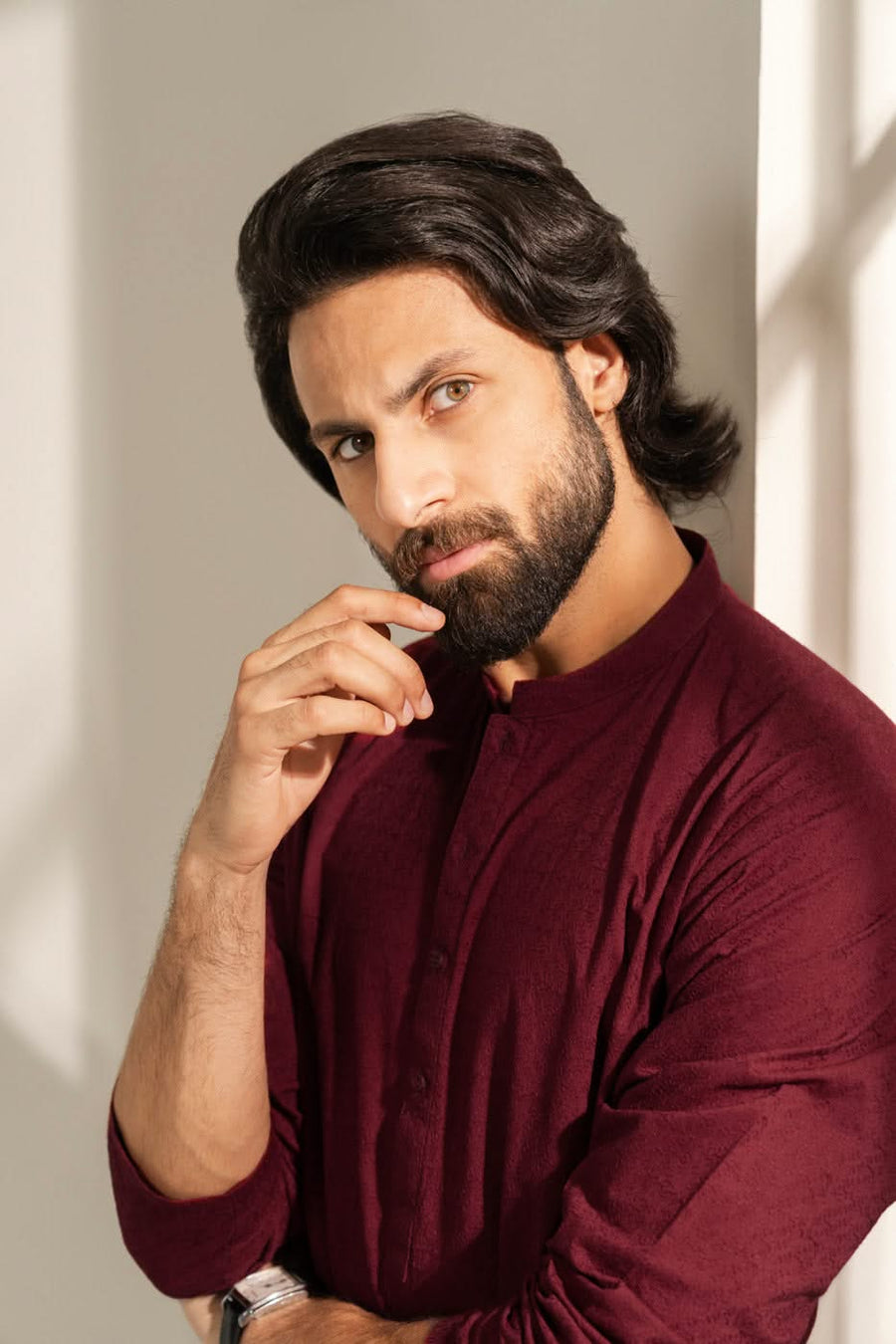 Burgundy Cotton Kurta 2-Piece | Slim Band Collar