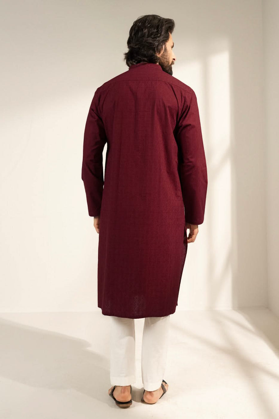Burgundy Cotton Kurta 2-Piece | Slim Band Collar