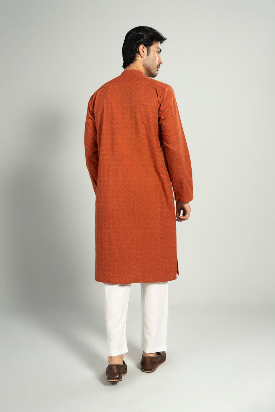Rust Silk Blend 2-Piece Kurta | Band Collar Minimalist