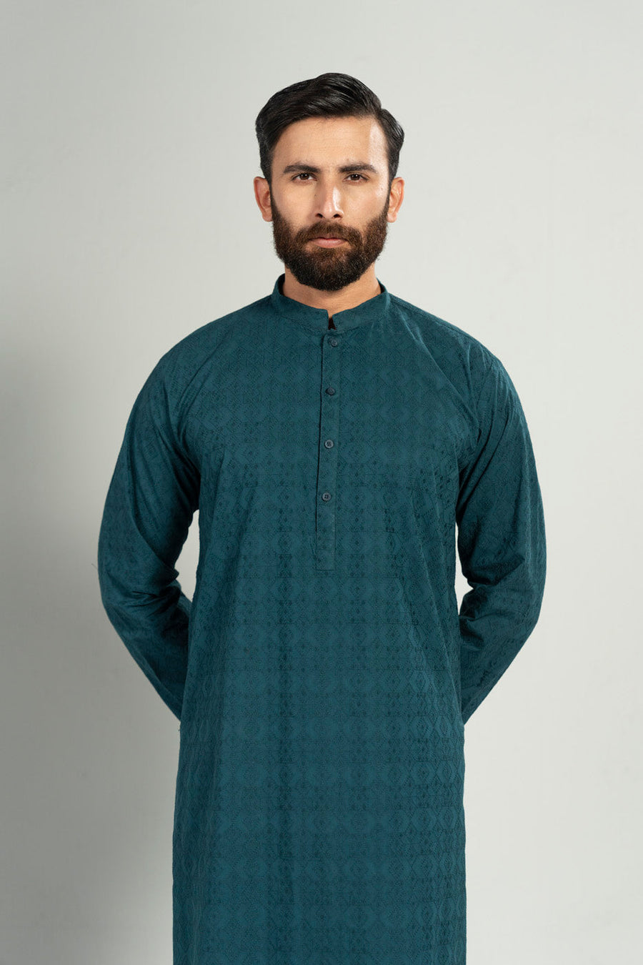 Teal Jacquard 2-Piece Kurta | Mandarin Collar