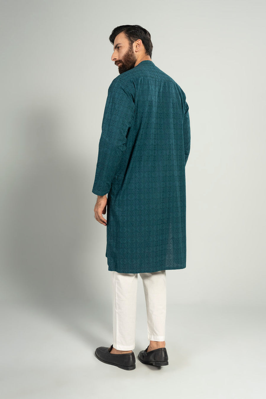 Teal Jacquard 2-Piece Kurta | Mandarin Collar