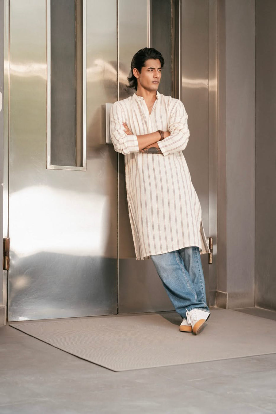 Sea Island Cotton Yarn Dyed Kurta Band Collar - Pehnaawaa