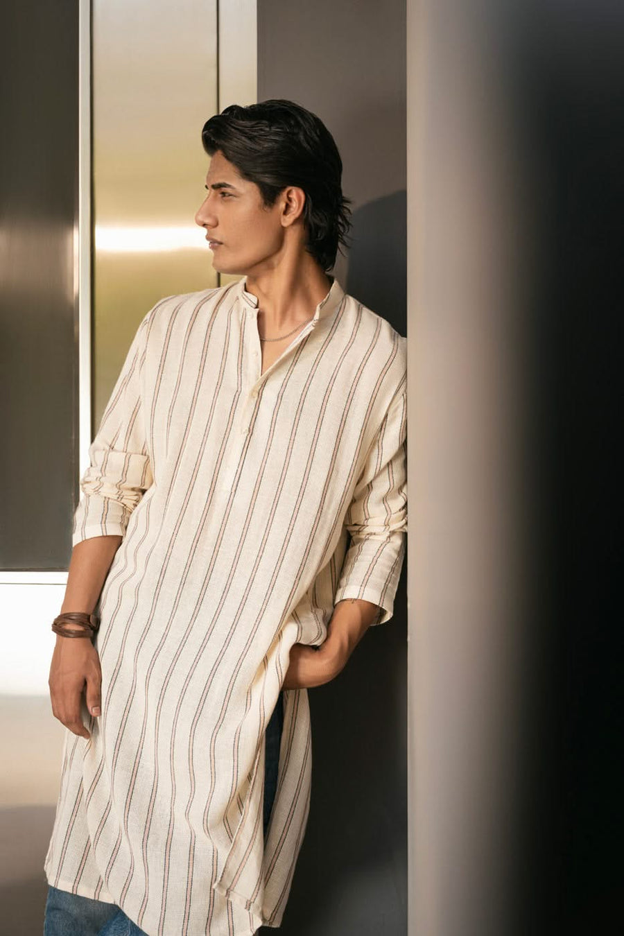 Sea Island Cotton Yarn Dyed Kurta Band Collar - Pehnaawaa