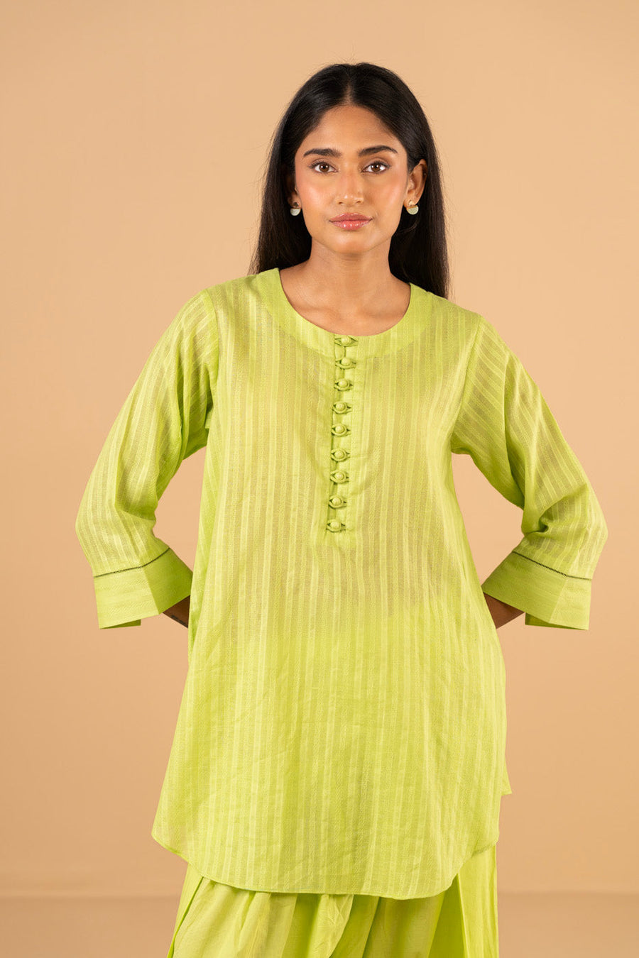 Lime Linen 2-Piece Kurta | Button-Front Karchobi Work