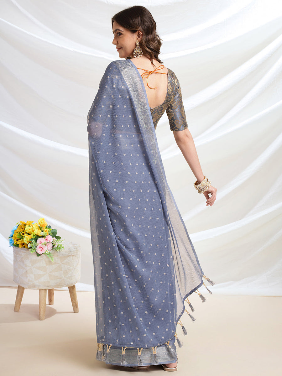 Grey Chiffon Ready To Wear Saree With Blouse Piece - Pehnaawaa