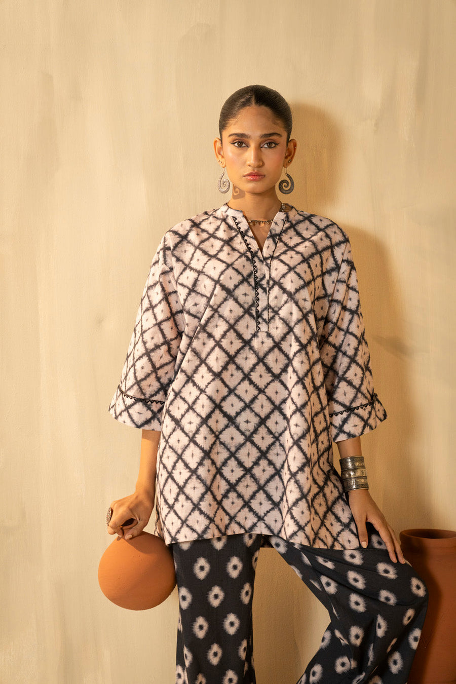 Ivory Cambric 2-Piece Shirt & Bootcut Pant | Geometric Print