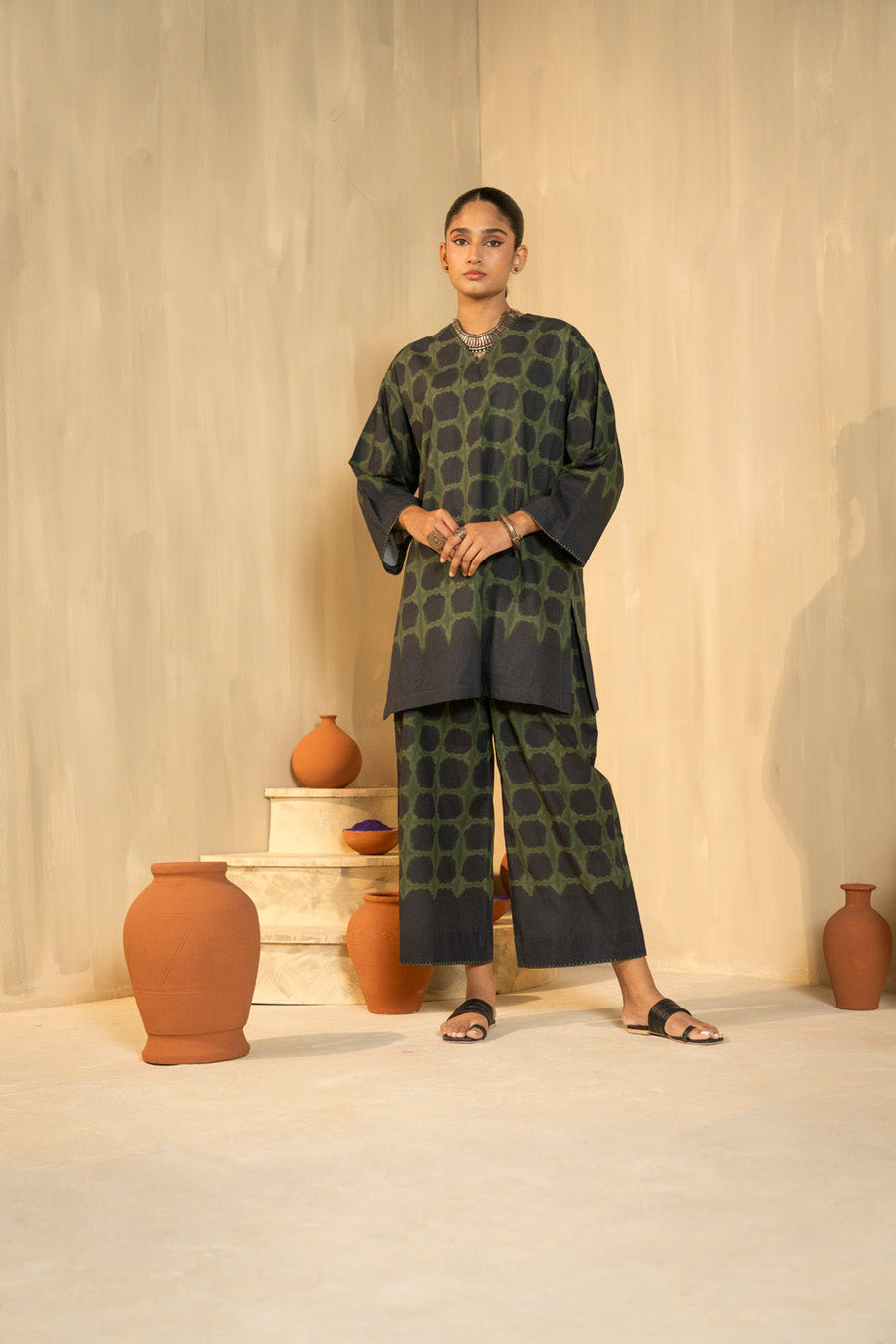 Sage Cambric 2-Piece Palazzo Set | Leopard Jacquard