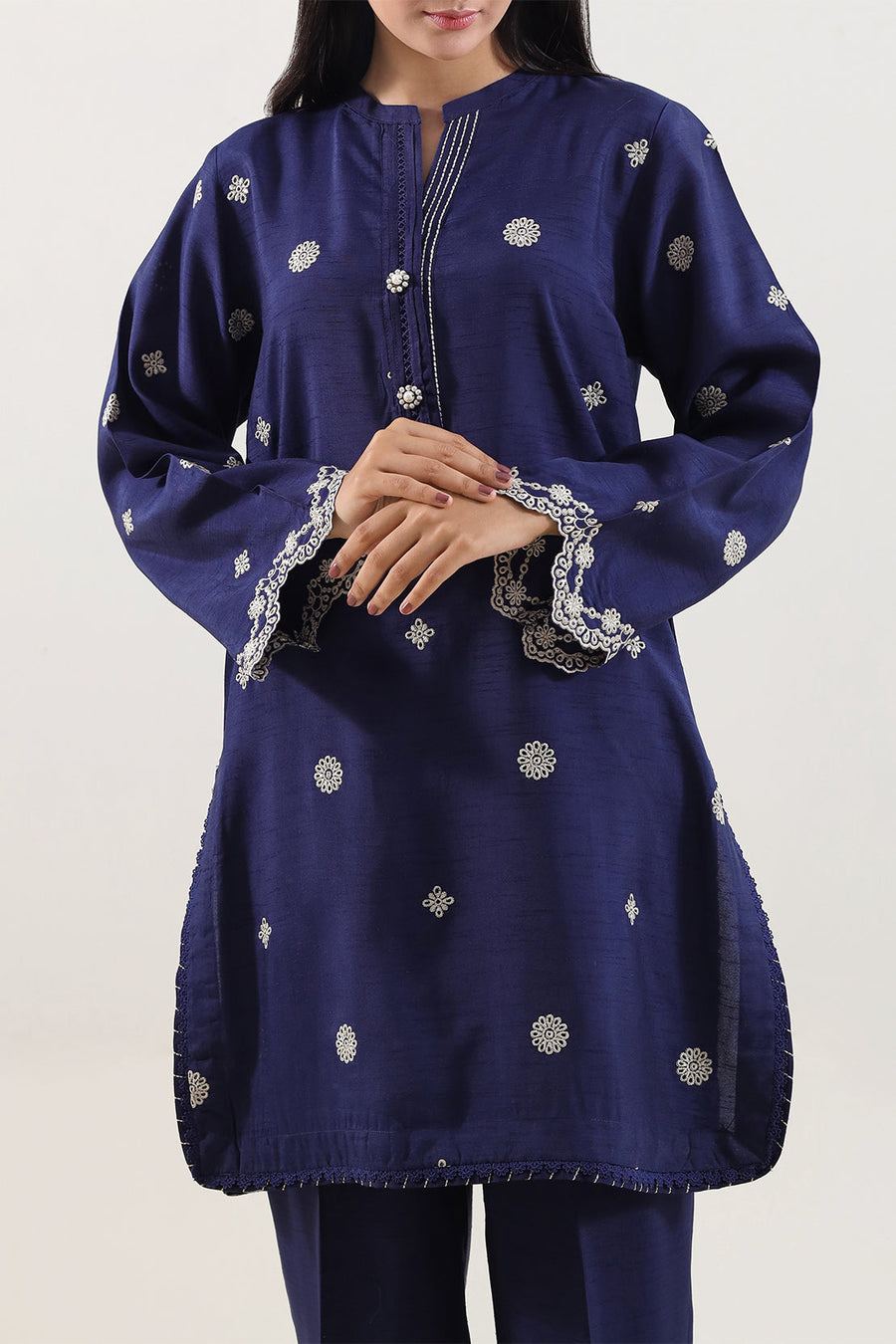 Solid Embroidered Korean Raw Silk Stitched 2 Piece (Shirt/Trouser) - Pehnaawaa