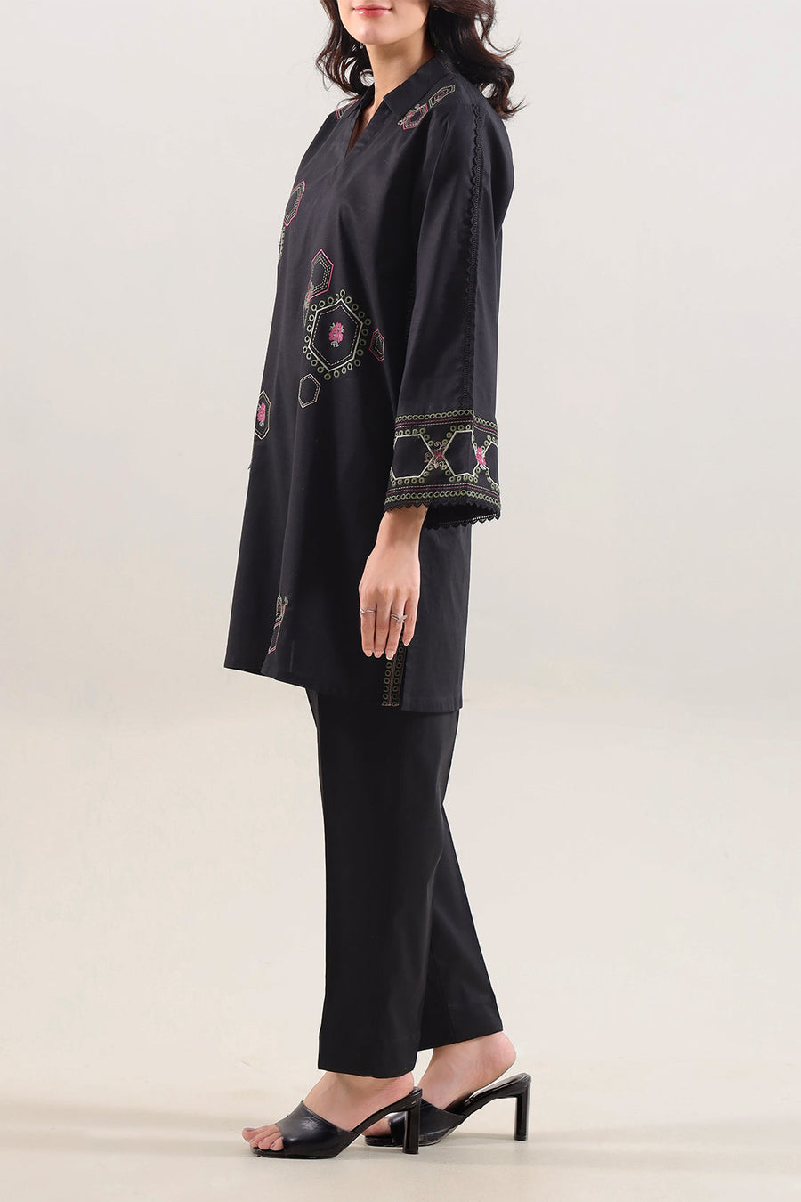 Solid Embroidered Cotton Stitched 2 Piece (Shirt/Trouser)