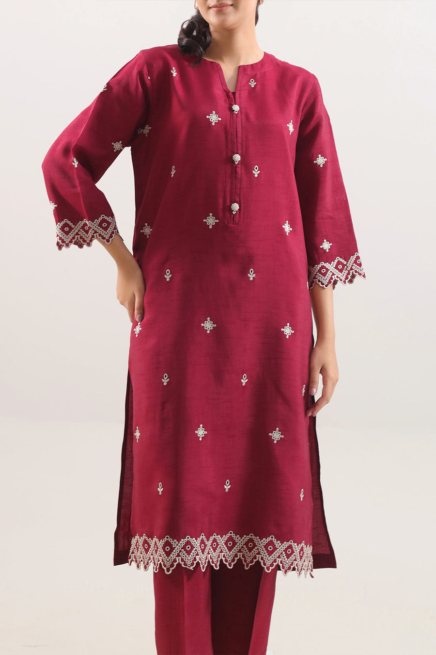 Solid Embroidered Korean Silk Stitched 2 Piece (Shirt/Trouser) - Pehnaawaa