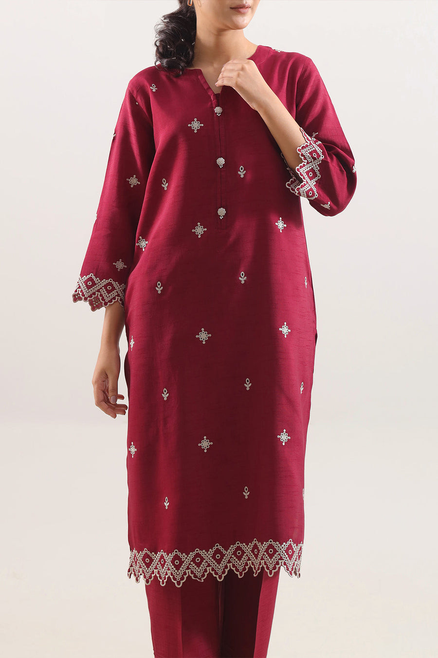 Solid Embroidered Korean Silk Stitched 2 Piece (Shirt/Trouser) - Pehnaawaa
