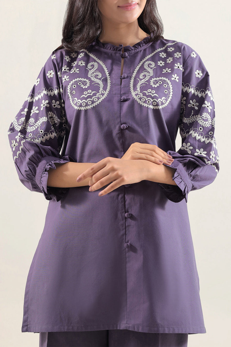 Solid Embroidered Poplin Stitched 2 piece (Shirt/Trouser) - Pehnaawaa