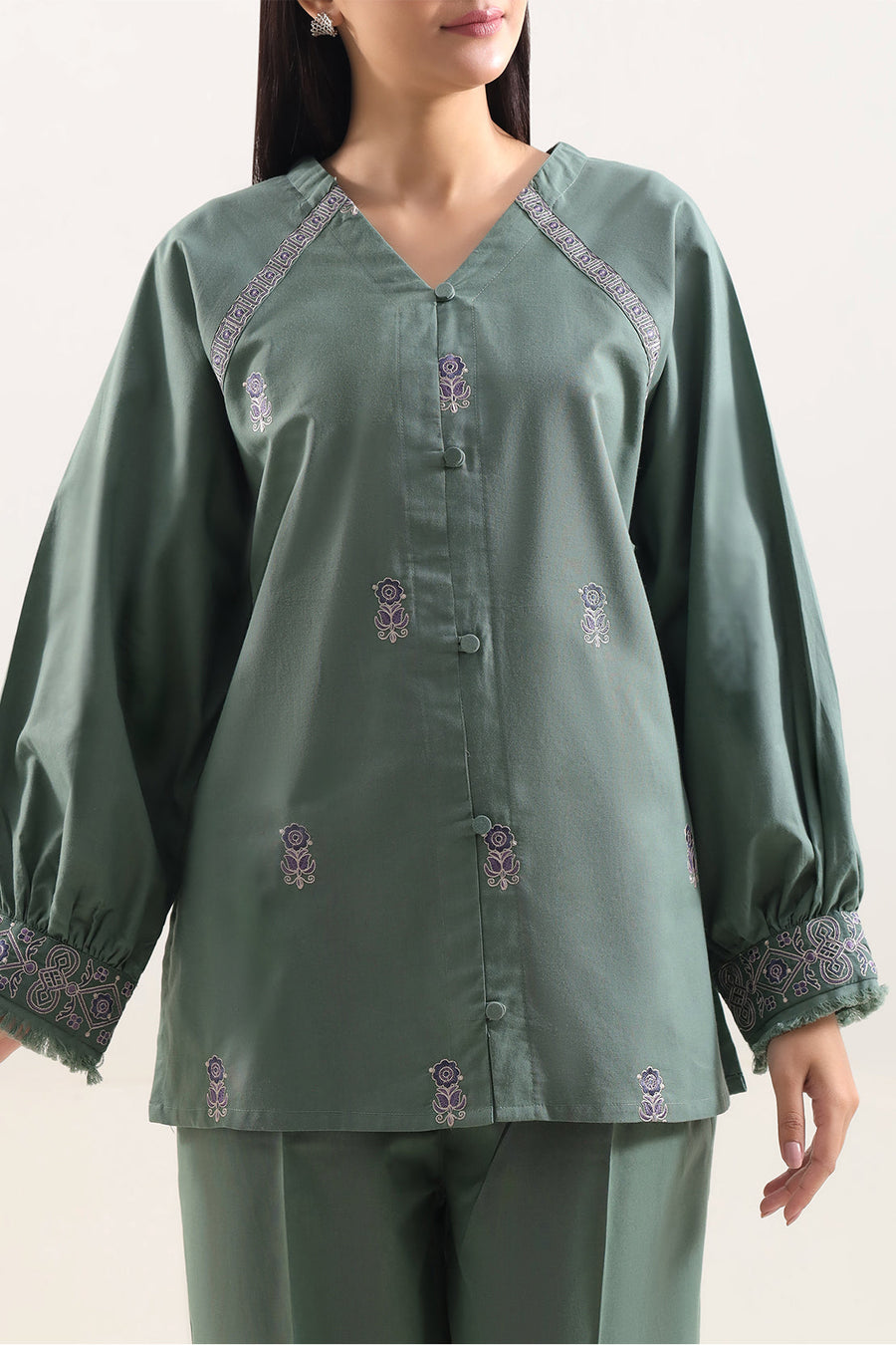 Solid Embroidered Poplin Stitched 2 piece (Shirt/Trouser) - Pehnaawaa