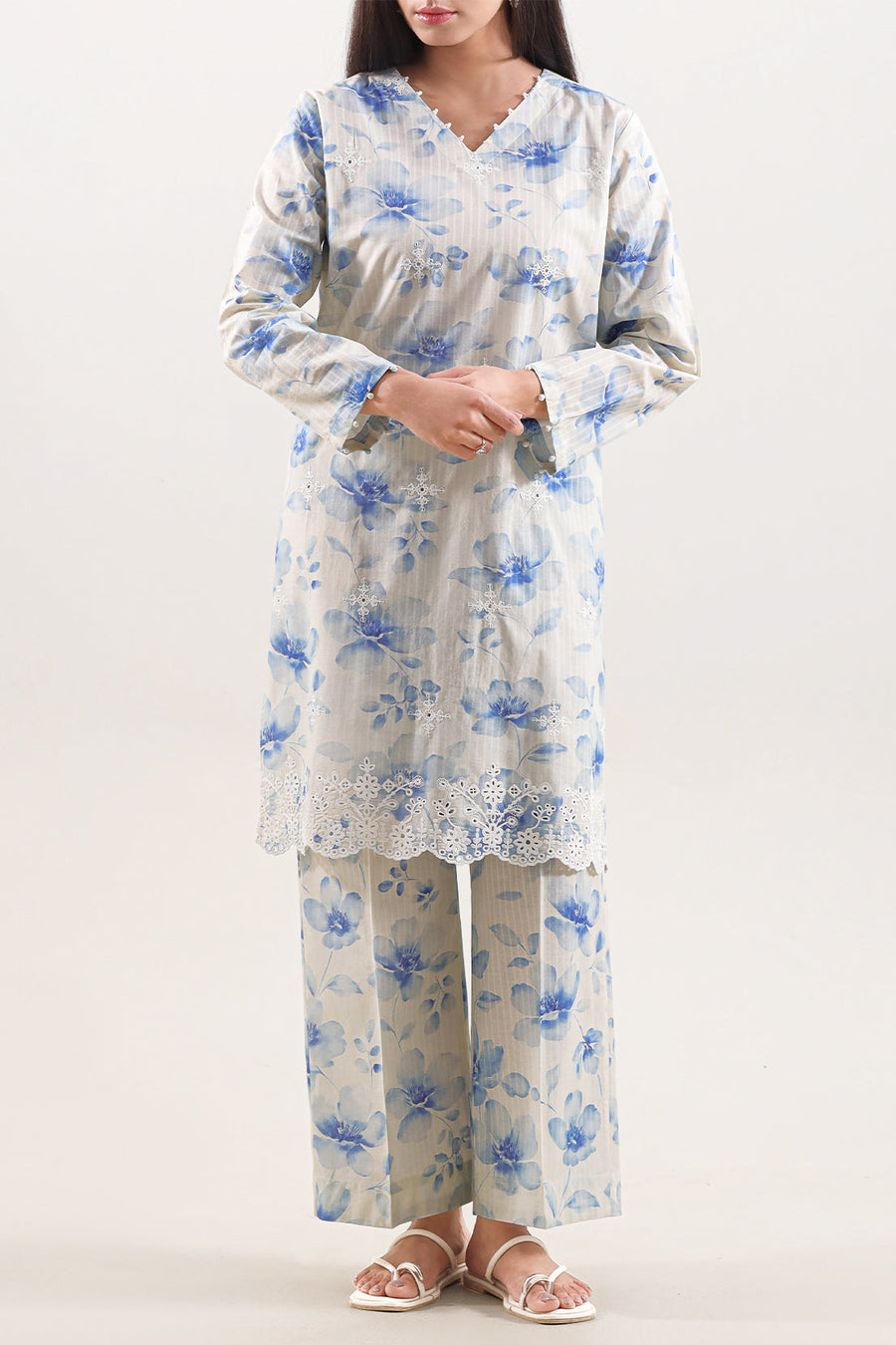 Printed Embroidered Self Strip Lawn Stitched 2 Piece (Shirt/Trouser) - Pehnaawaa
