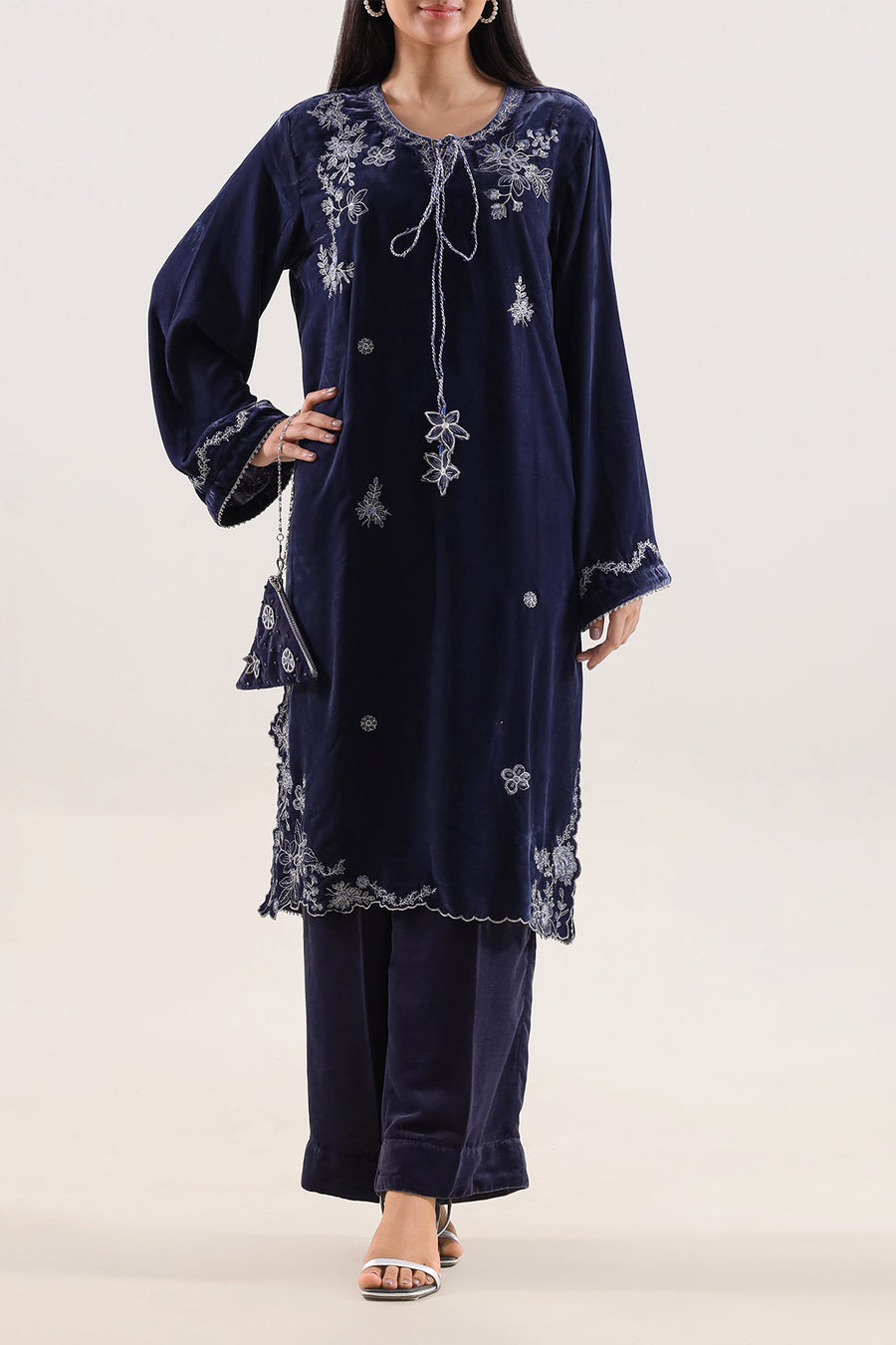 Solid Embroidered Velvet Stitched (Shirt/Trouser)