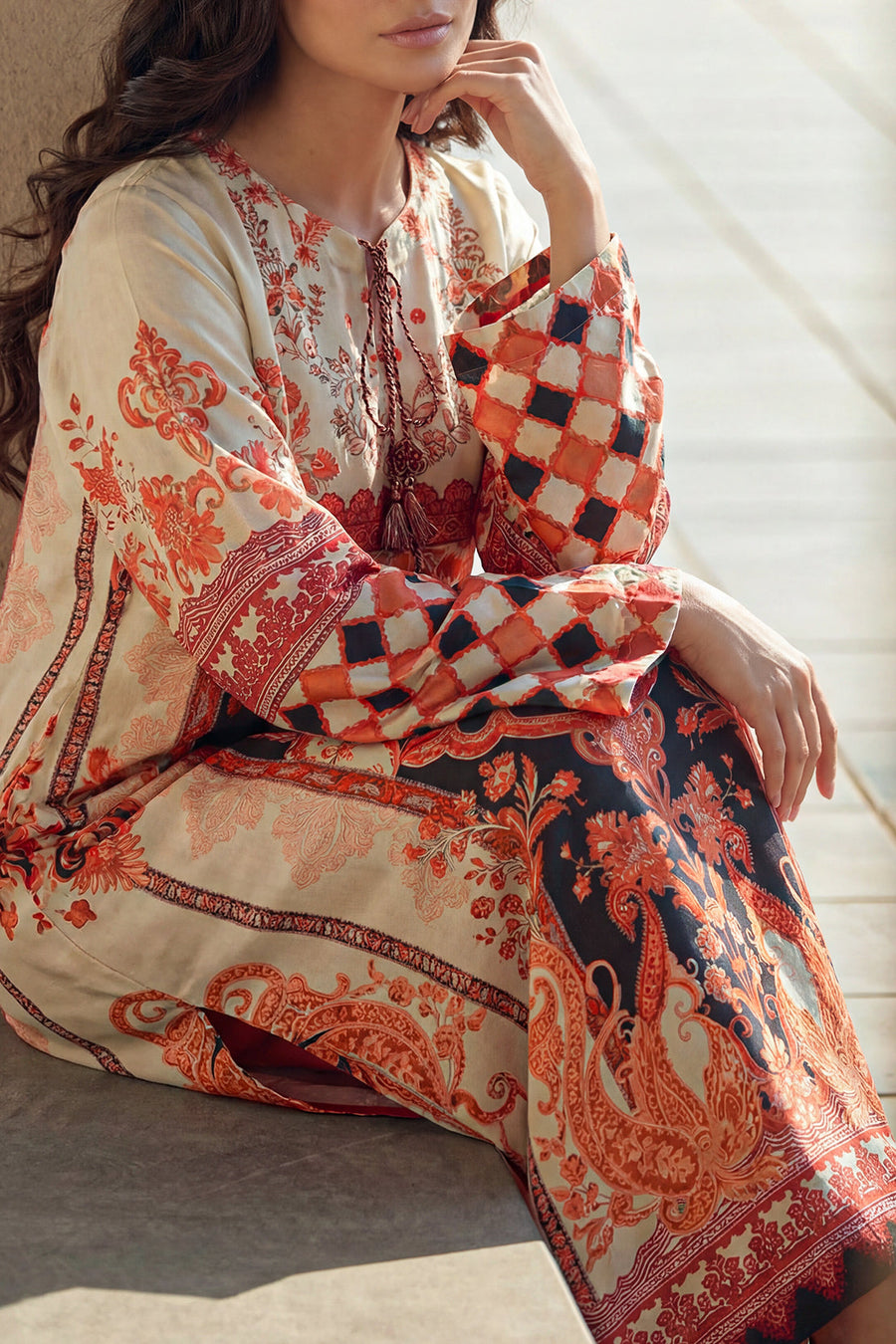 Printed Kaftaan Shamose Silk Stitched Dress - Pehnaawaa