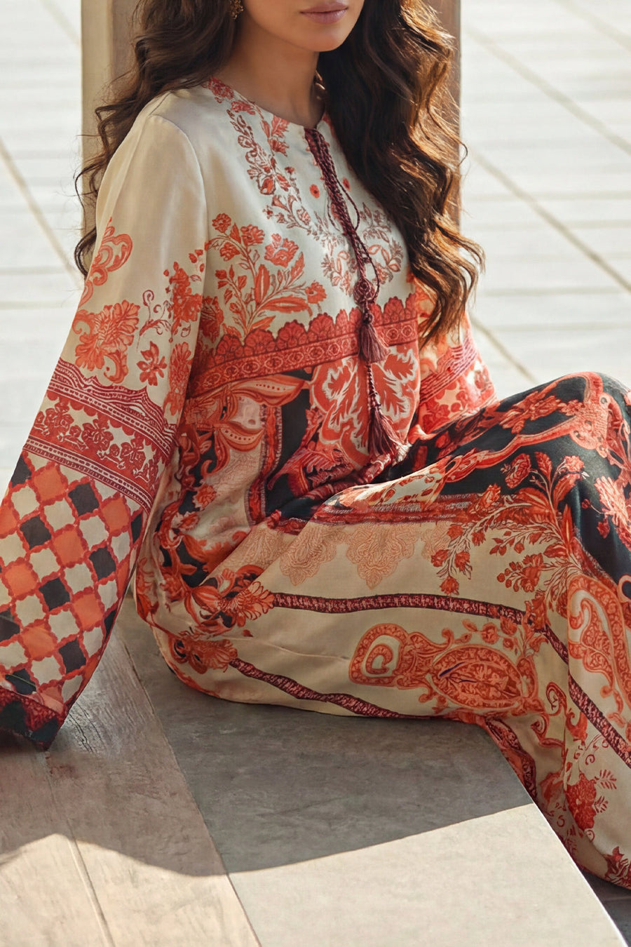 Printed Kaftaan Shamose Silk Stitched Dress - Pehnaawaa
