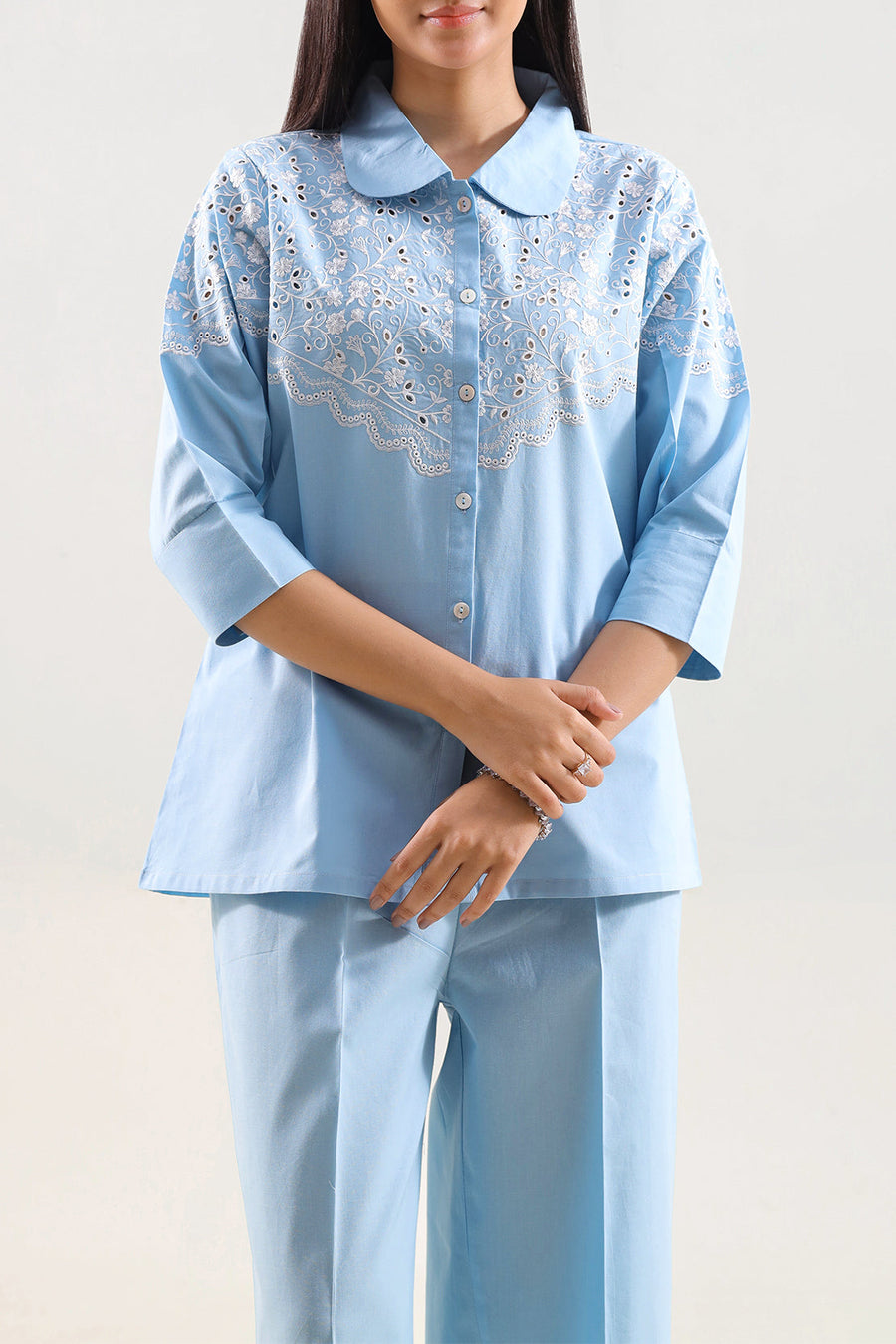 Solid Embroidered Poplin Stitched 2 piece (Shirt/Trouser) - Pehnaawaa