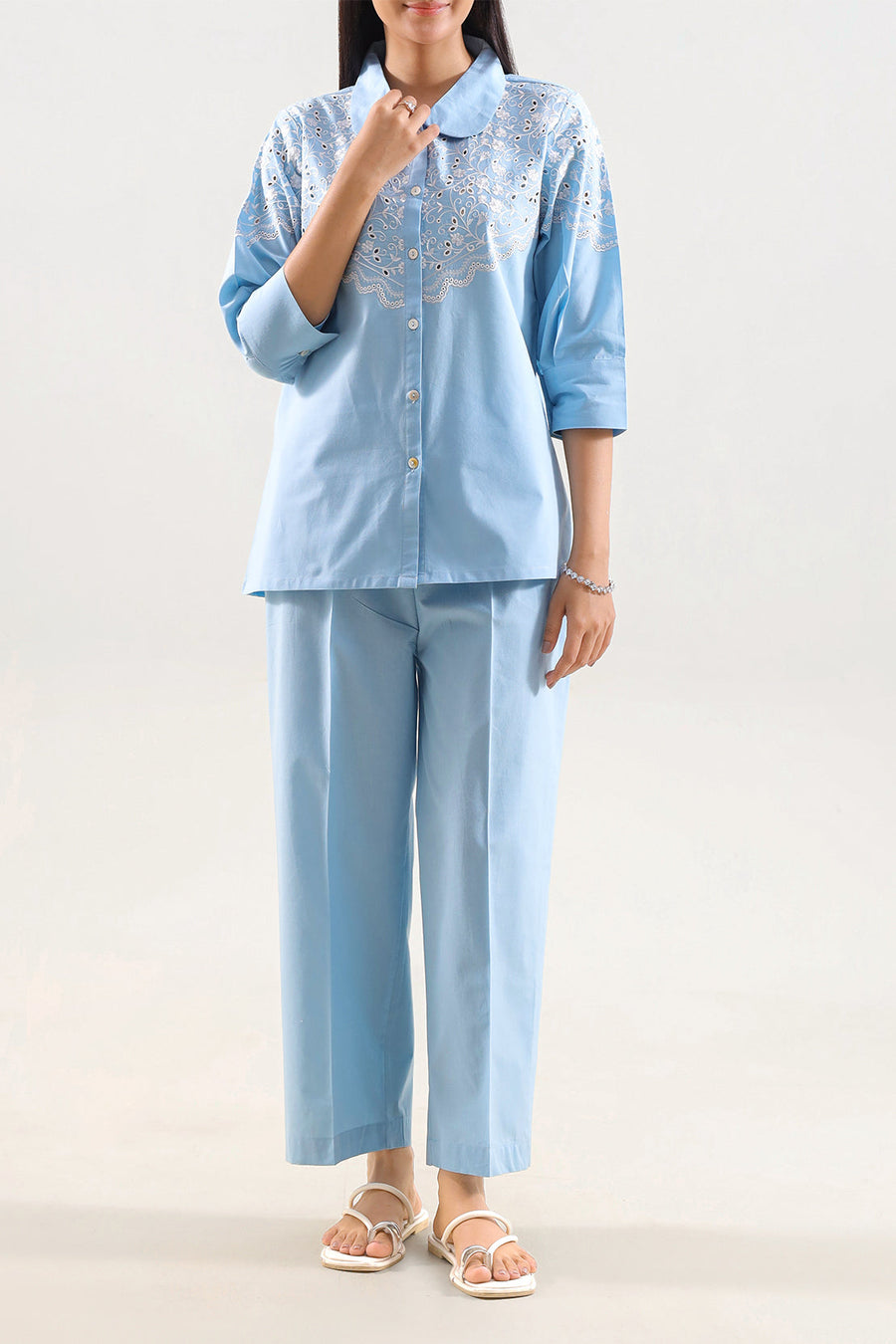 Solid Embroidered Poplin Stitched 2 piece (Shirt/Trouser) - Pehnaawaa