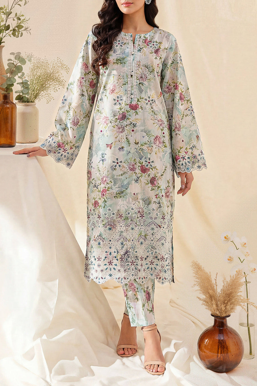 Printed Embroidered Self Strip Lawn Stitched 2 Piece (Shirt/Trouser) - Pehnaawaa